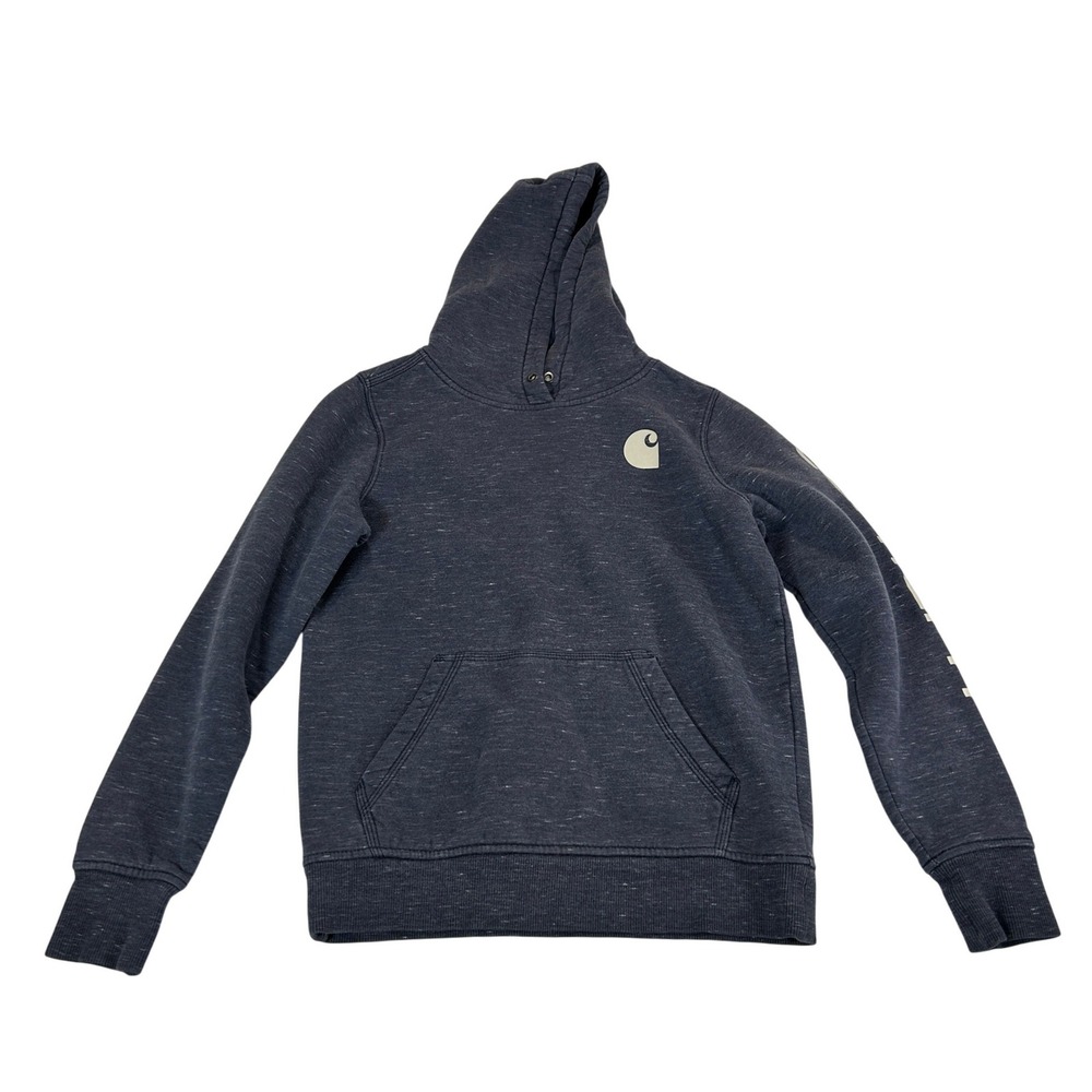 Carhartt Womens XS Relaxed Fit Pullover Hoodie Heathered Navy Blue Logo Sleeve